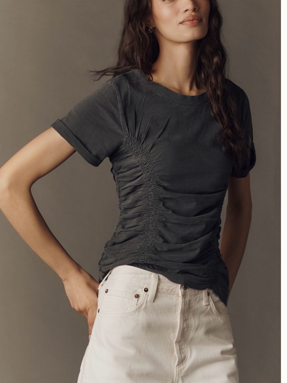 Ruched Short Sleeve Tee in Charcoal